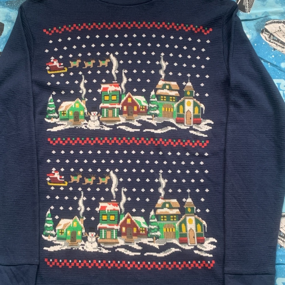 Christmas Navy Winter Holiday Village Snow Santa Termal Long Sleeve